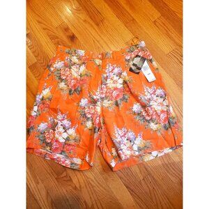 Vintage-Inspired Orange Floral Womens Shorts Size 16W Pure Linen Classic Pleated